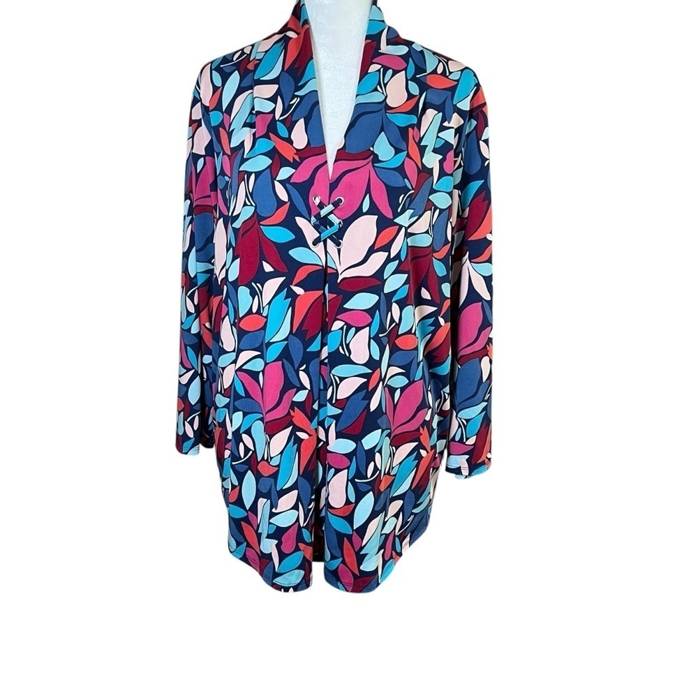 Cable & Gauge Colorful Leaf Print Blouse Drapey V-Neck Top Stretch Sz XL Scarf - Picture 2 of 12